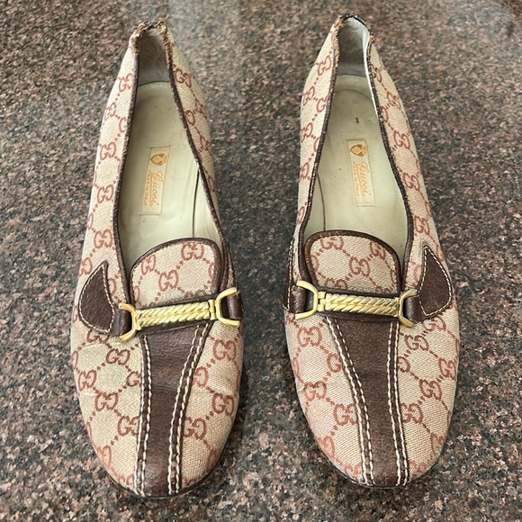 GUCCI LADIES BROWN GG WEB GOLD LOW HEEL PUMPS-40B-9.5-VINTAGE - Picture 3 of 14